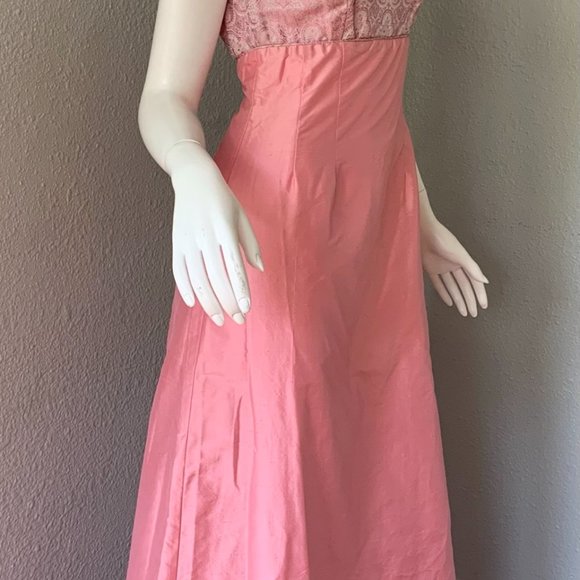 NOS Vintage WEDDING Pink SILK Empire Bridal DAMASK Formal Prom Dress XS - Picture 10 of 11